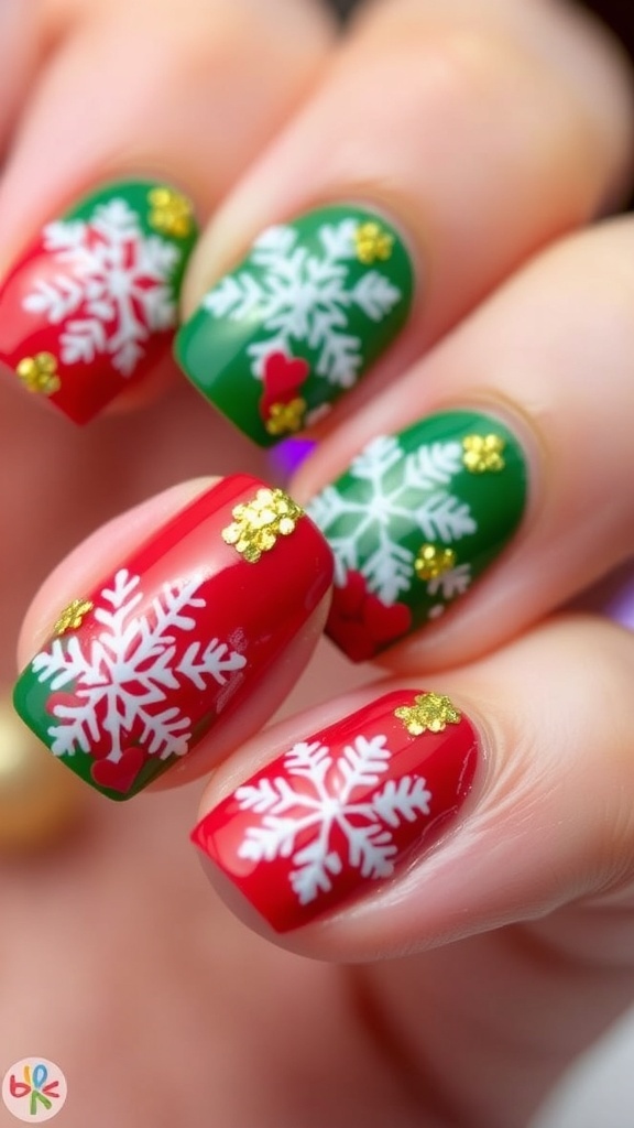Short nails decorated with Christmas-themed nail art in red, green, and white.